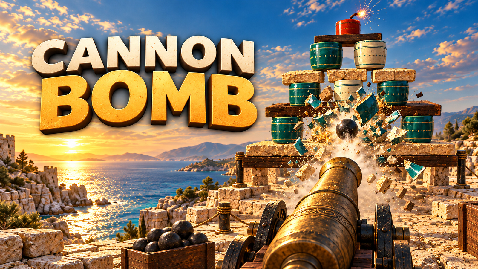 Cannon Bomb artwork with a cannon aimed at a towering structure in a warm dramatic landscape